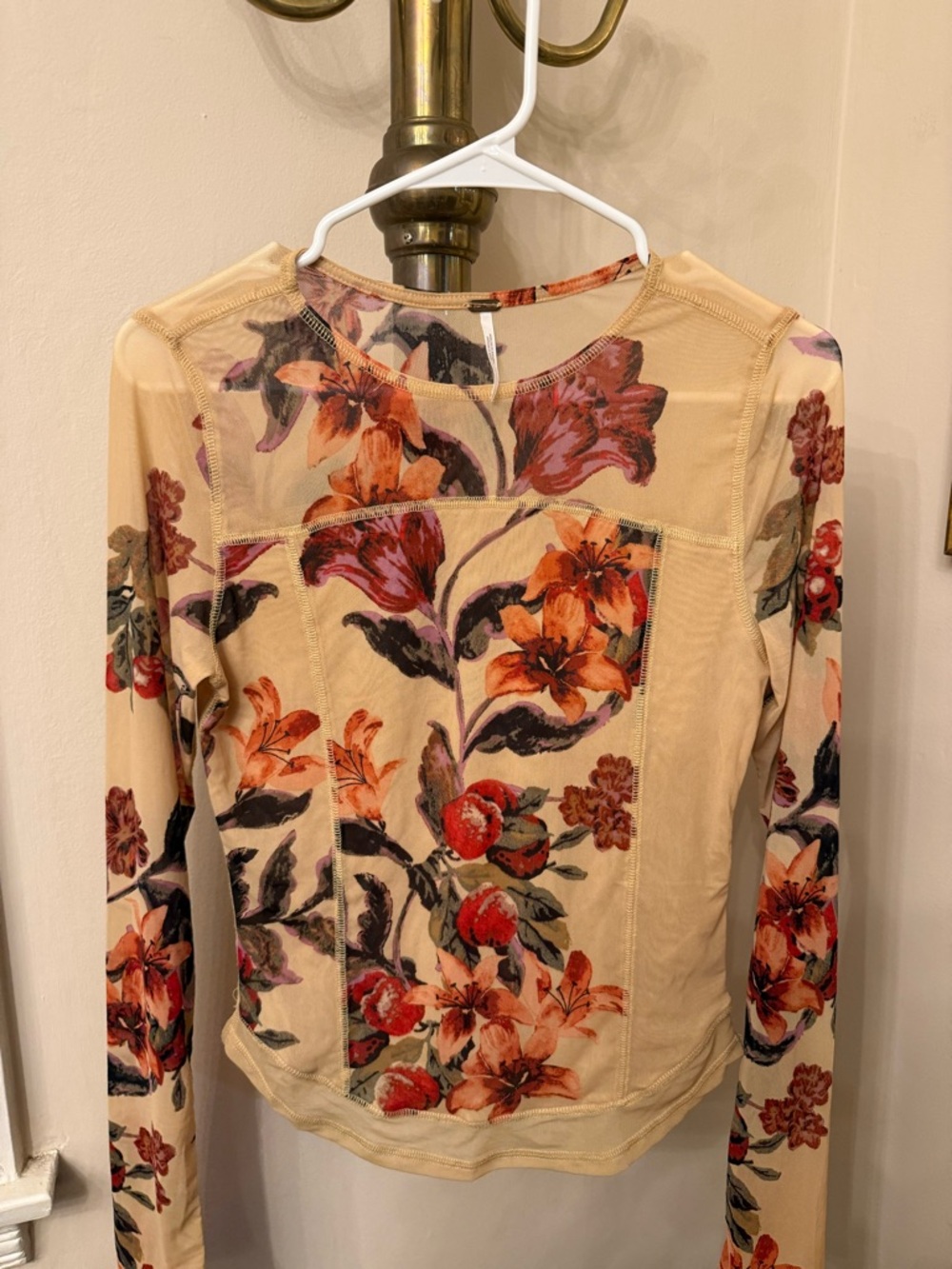 Free People Beige Floral Long Sleeve Crewneck Top with Orange & Purple Blooms